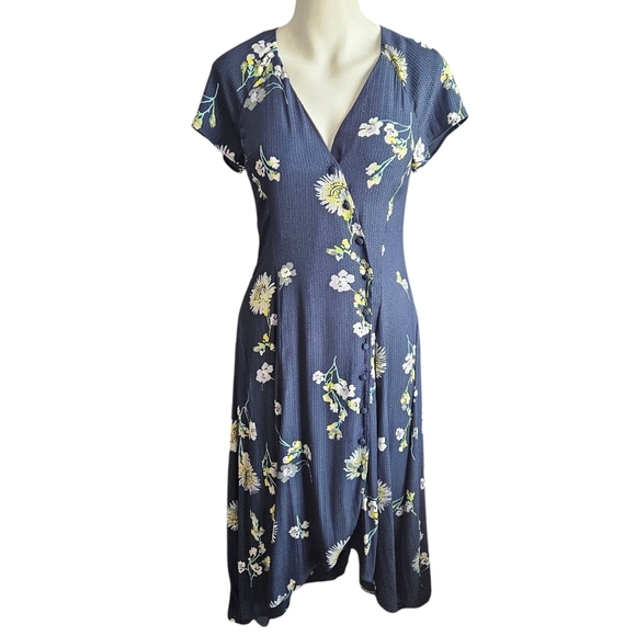 Free People Lost In You Midi Dress Button Up High Low Floral Navy Size XS - Picture 1 of 14